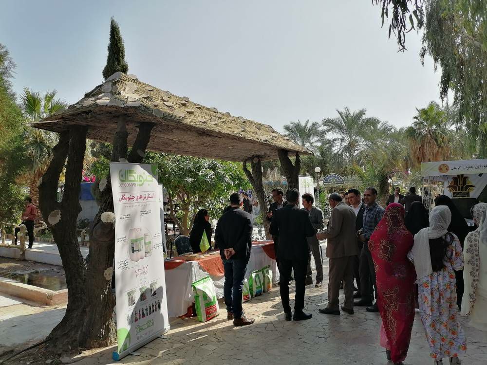 غرفهٔ جنوبگان در جشنوارهٔ خرما؛ بنر معرفی محصولات زیر آلاچیق و بازدیدکنندگان در حال گفت‌وگو